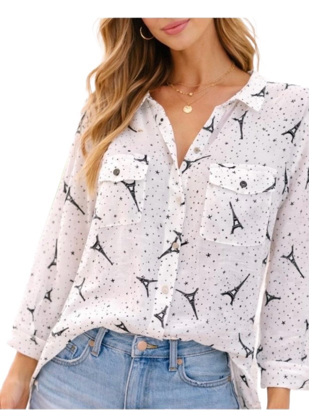 Karl Lagerfeld Eiffel Tower Star Print Long Or Short Sleeve Top Size L